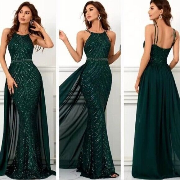Green, Round Neck, Draped Skirt, Contrast Sequined Mermaid Gown - Picture 2 of 16